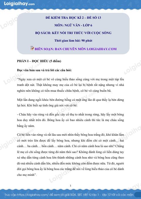 Đề thi học kì 2 Văn 6 Kết nối tri thức - Đề số 13
